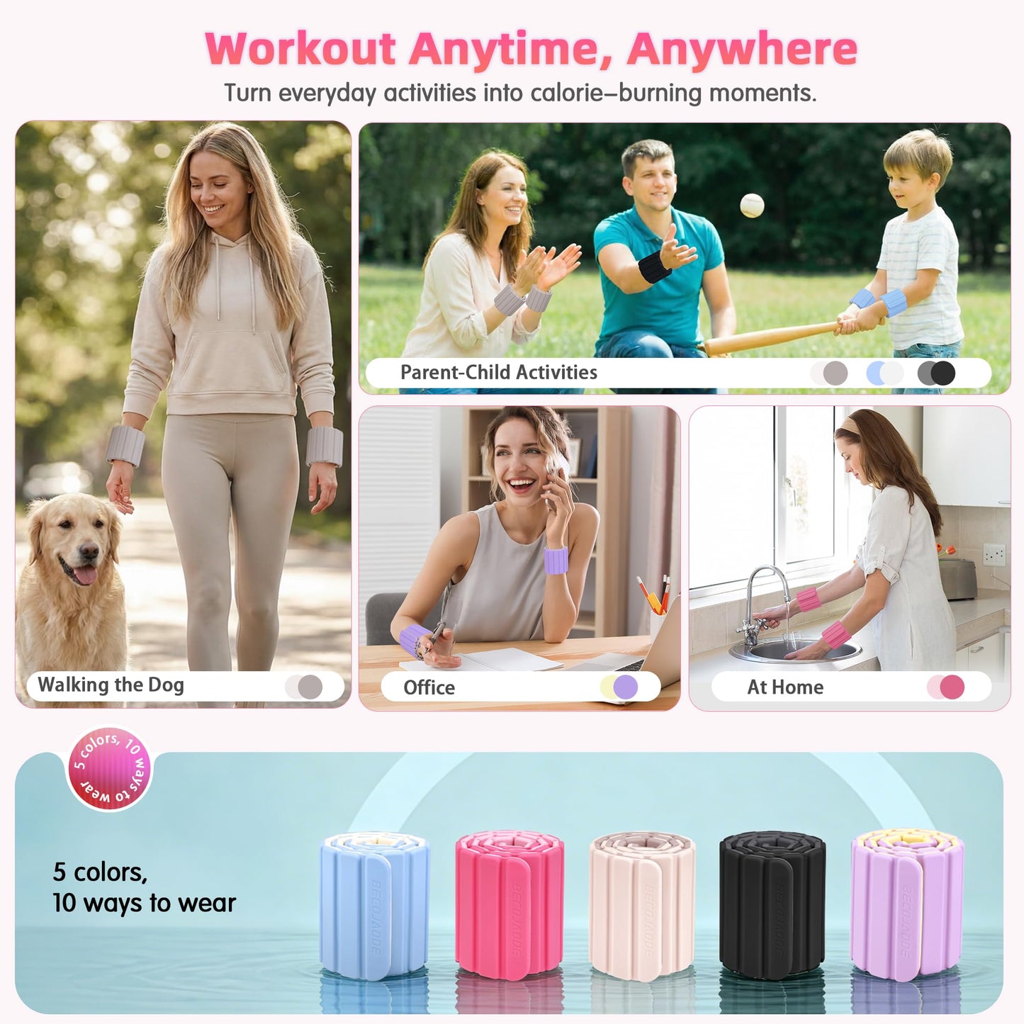 BECOJADDE Wrist Weights Ankle Weights for Women 1 Pair (1.1 lb Each) Silicone Magnetic Leg Arm Weighted Bracelet for Home Yoga Pilates Gym Workout Walking Jogging, Pink Blush