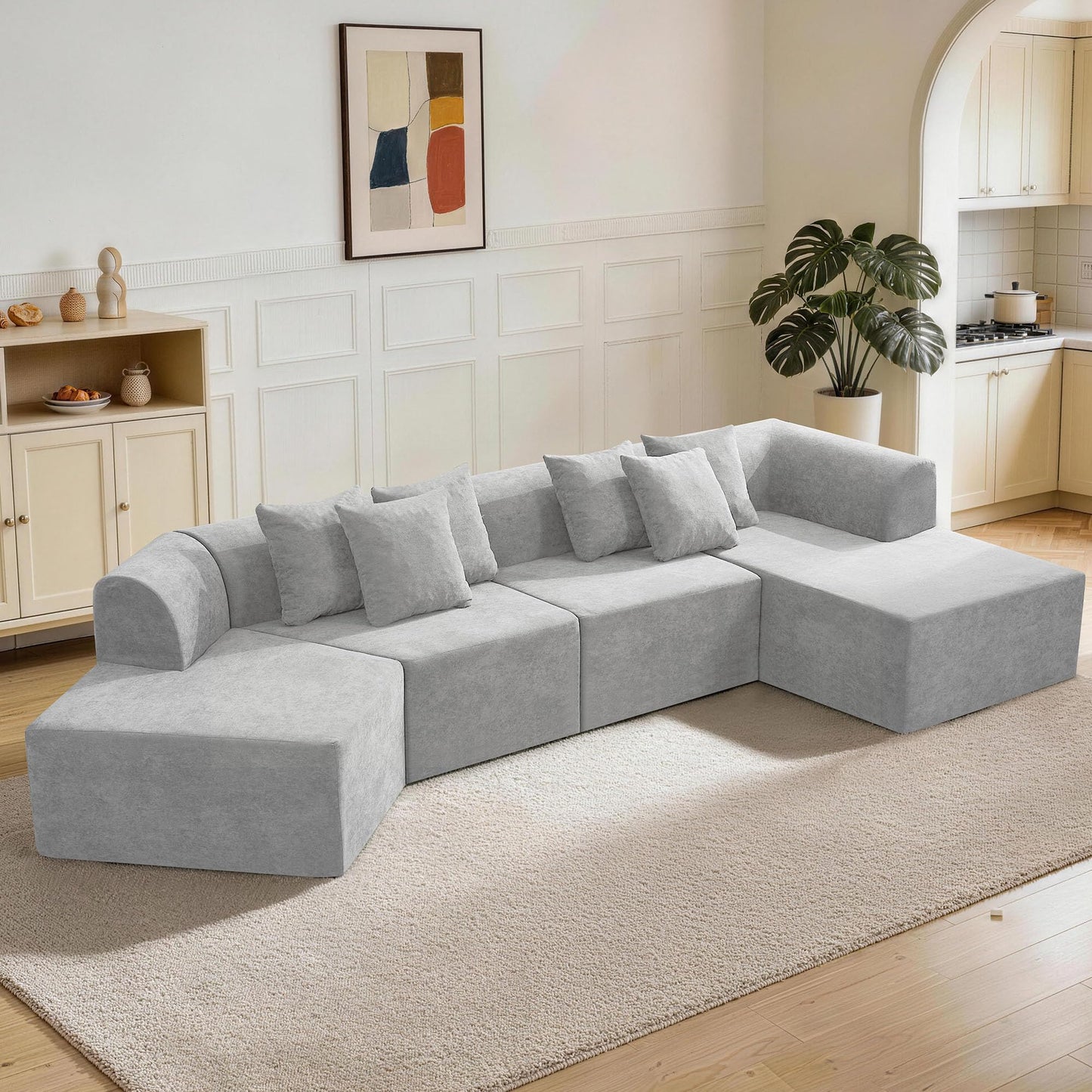 CACFTII 140" Oversized Boneless Couch, Curved Cloud Sectional Couch with L-Shape Chaise, Compressed Memory Foam Couch, Velvet Modular Sectional Sofa for Living Room, No Assembly Required, Grey