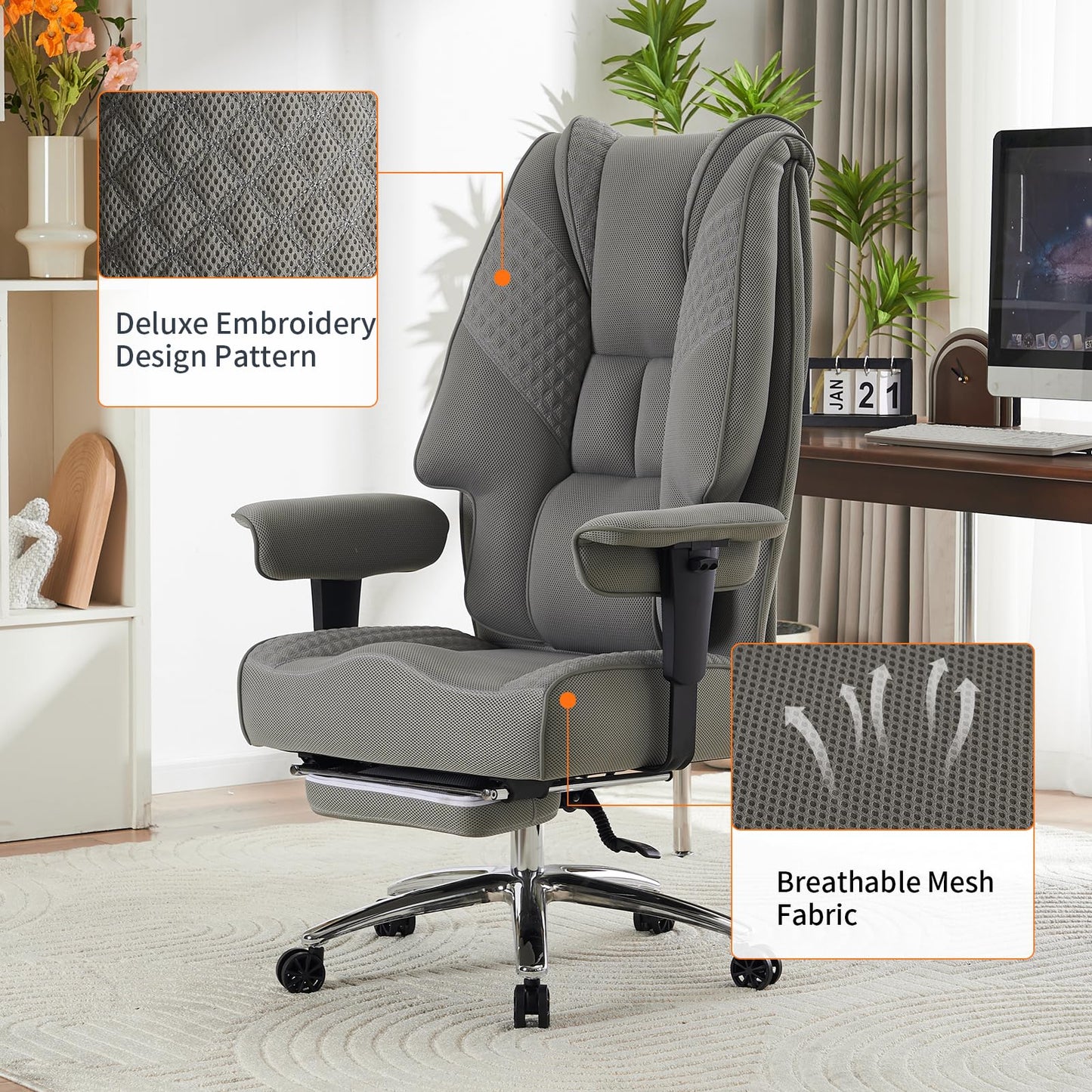 EXCEBET Big and Tall Office Chair 400lbs Wide Seat, Leather High Back Executive Office Chair with Foot Rest, Ergonomic Chairs Lumbar Support for Lower Back Pain Relief (Mesh Light Grey)