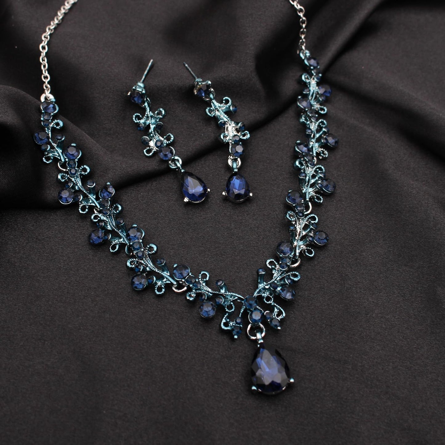 3Pcs Austrian Crystal Jewelry Set for Women, Necklace Dangle Earrings Link Bracelet Jewelry Set with Gold/Platinum/Gun Plated, Wedding Party Jewelry for Bridal Bridesmaid (Blue Black-Platinum Plated)