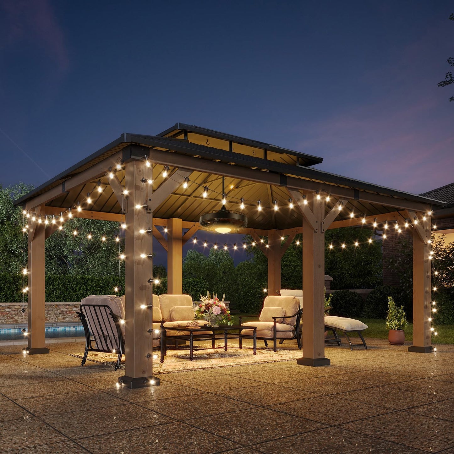 Aoxun 12' x 16' Outdoor Wood Gazebo, Hardtop Gazebo with Galvanized Steel Roof, Permanent Wooden Pavilion with Ceiling Fan, for Patio, Garden, Backyard, Cedar Wood, Grey