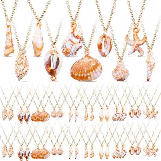 Tondiamo 50 Pack Seashell Necklace Bulk for Women Natural Ocean Themed Jewelry Adjustable Conch Scallop Pendant Necklace for Summer(10 styles)