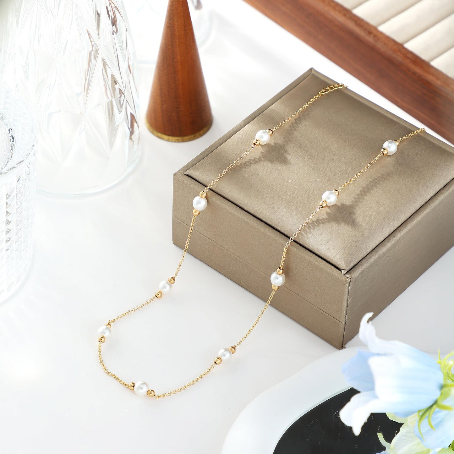 Caenyo Minimalist Beaded Pearl Necklace, Dainty Gold Choker for Women, Classic & Modern Jewelry for Wedding, Beach, Summer, Adjustable 14.5+2"