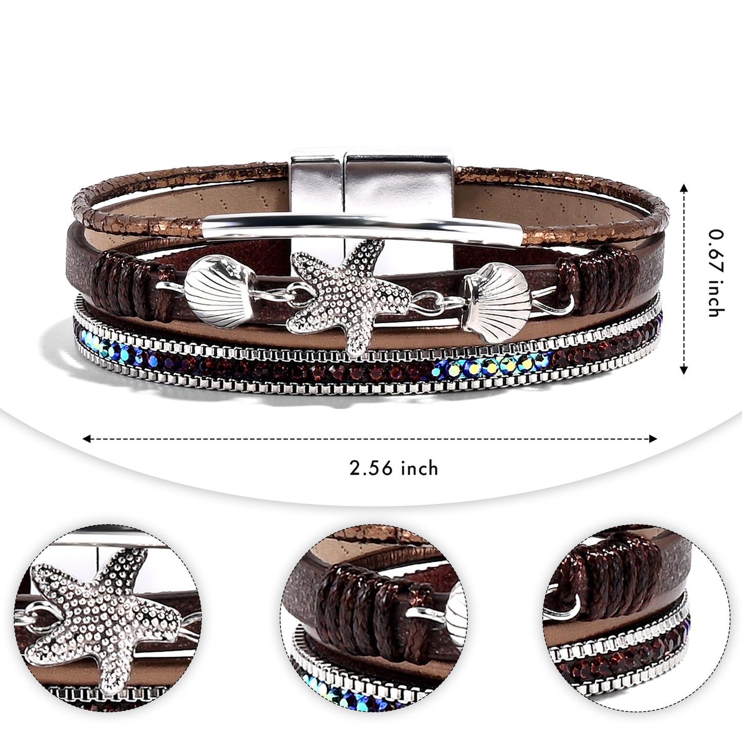 VIBILIA Boho Leather Wrap Bracelets for Women Shell starfish Multi-Layer Bracelets with Strong Clasp Jewelry for Women-Coffee