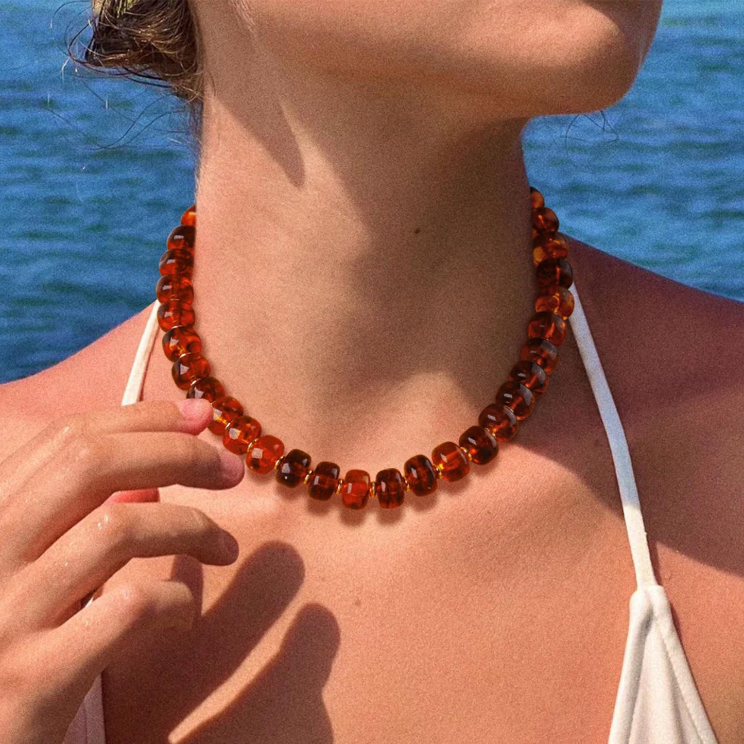 HolidayQbee Beaded Necklace for Women Chunky Beaded Necklace Boho Oval Big Bead Statement Orange Bead Choker Necklaces Fashion Trendy Summer Beach Jewelry Gifts