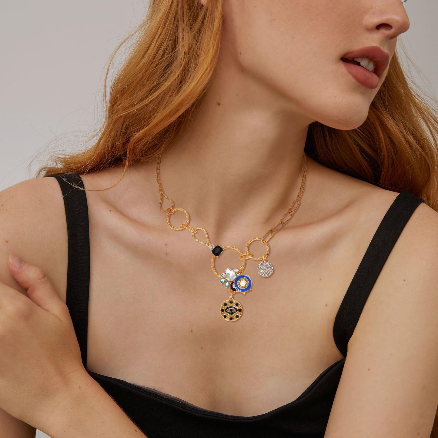 BONJOULRY Charm Necklace for Women Gold Evil Eye Sun Coin Lucky Chunky Charm Pendant Necklace Vintage Paperclip Chain Necklace Jewelry Flower Third Eye