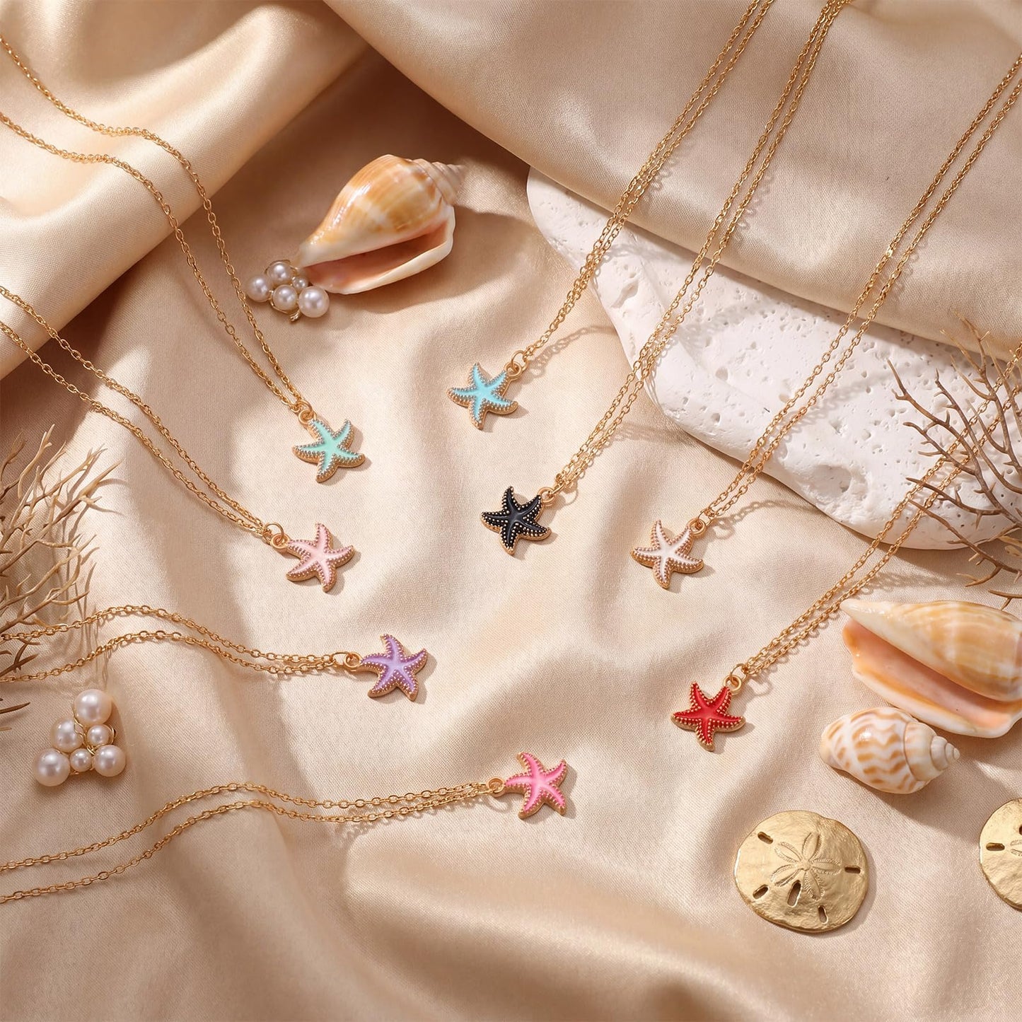 Kingdder 8 Set Starfish Necklace for Women Beach Gold Starfish Necklace with Card Organza Bag Hawaii Ocean Pendant Boho Summer Jewelry Gift Bulk for Birthday Vacation Party Favor