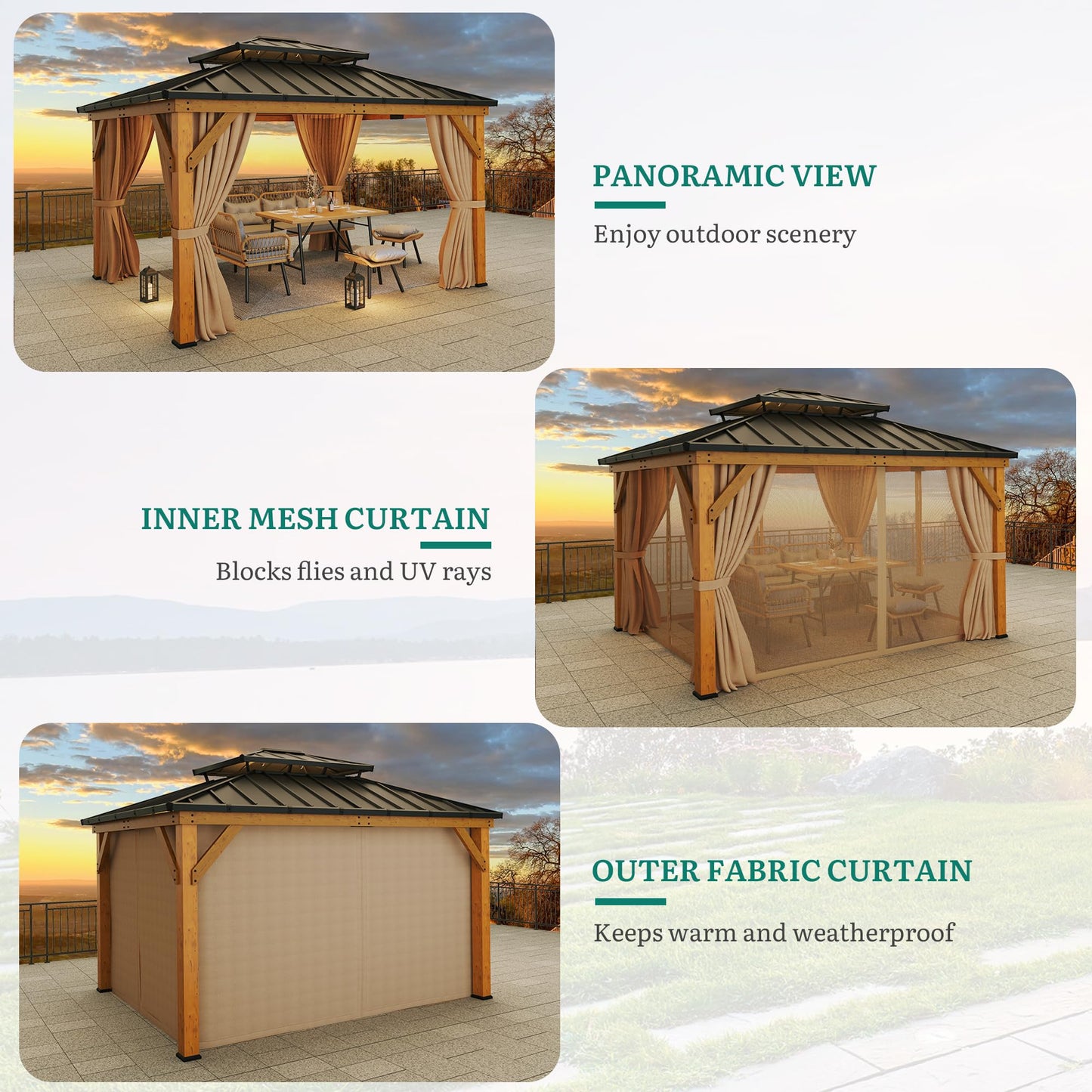 YITAHOME 11X13 Wood Gazebo Hardtop with Nettings and Curtains, Heavy Duty Double Roof Galvanized Steel Outdoor Wood Frame Roof for Patio, Backyard, Deck, Lawns