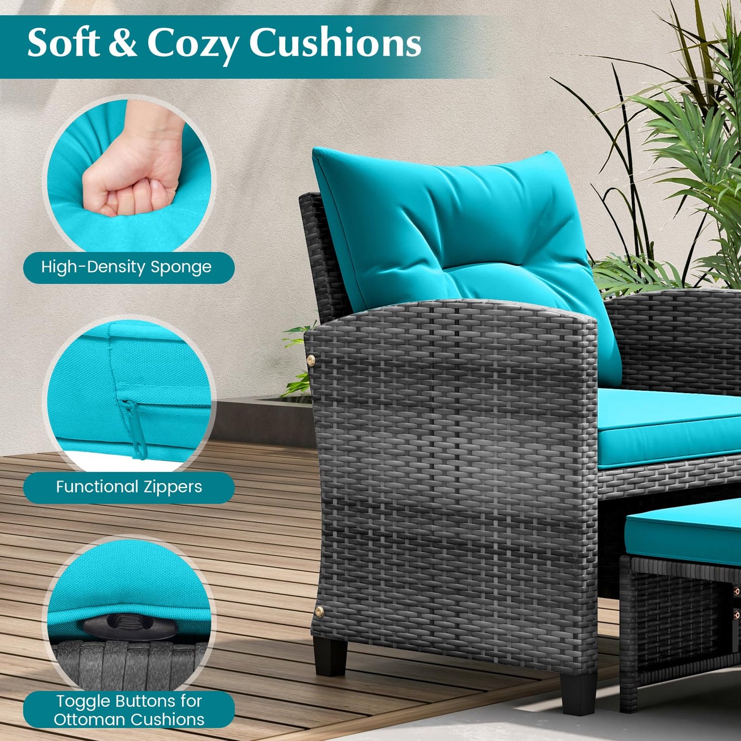 Tangkula 5 Pieces Patio Conversation Set, PE Wicker Rattan Outdoor Furniture Set with 2 Chairs, 2 Ottomans & Tempered Glass Coffee Table, Ideal for Poolside, Backyard, Lawn, Deck, Mix Grey & Turquoise