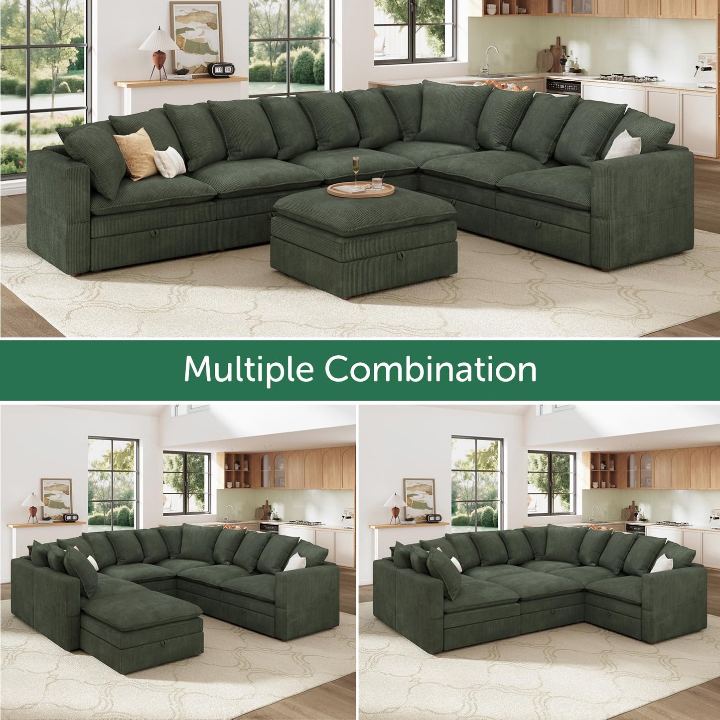 HONBAY Modular Sectional Sofa with Ottoman, 7 Seat U Shaped Couch with Storage & Pillows, 137 Inch Oversized Sectional Sofa for Living Room, Green