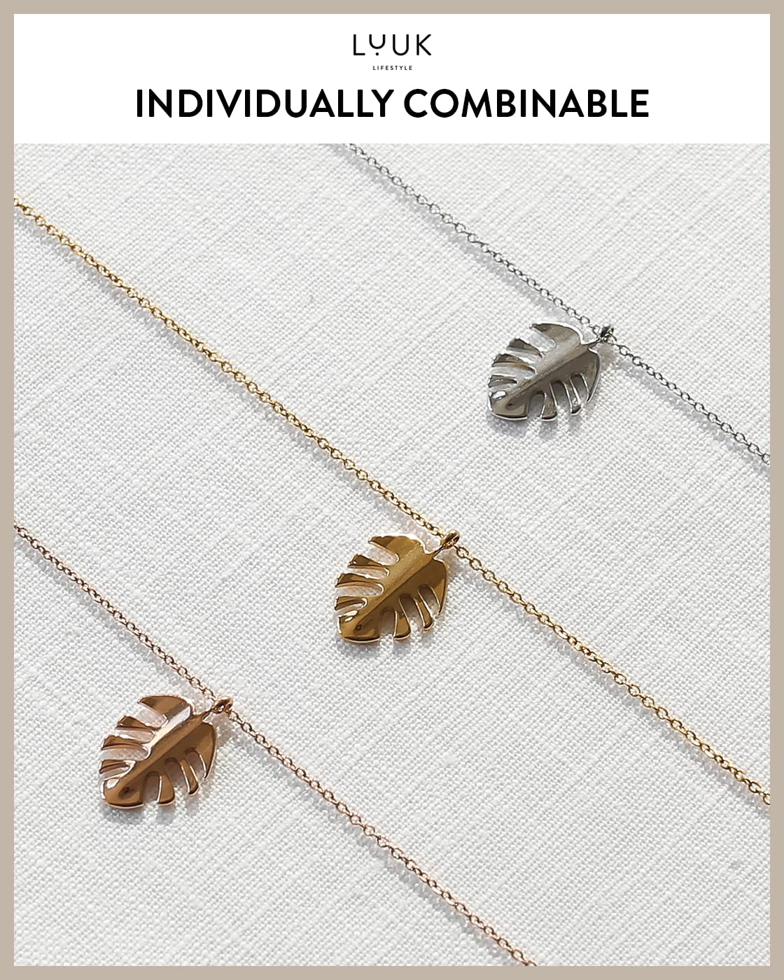 LUUK LIFESTYLE Filigree 19” necklace with monstera leaf pendant, modern and minimalist fashion accessory, nature zen jewellery for everyday life, HAPPINESS gift card, lucky charm, layer look, gold