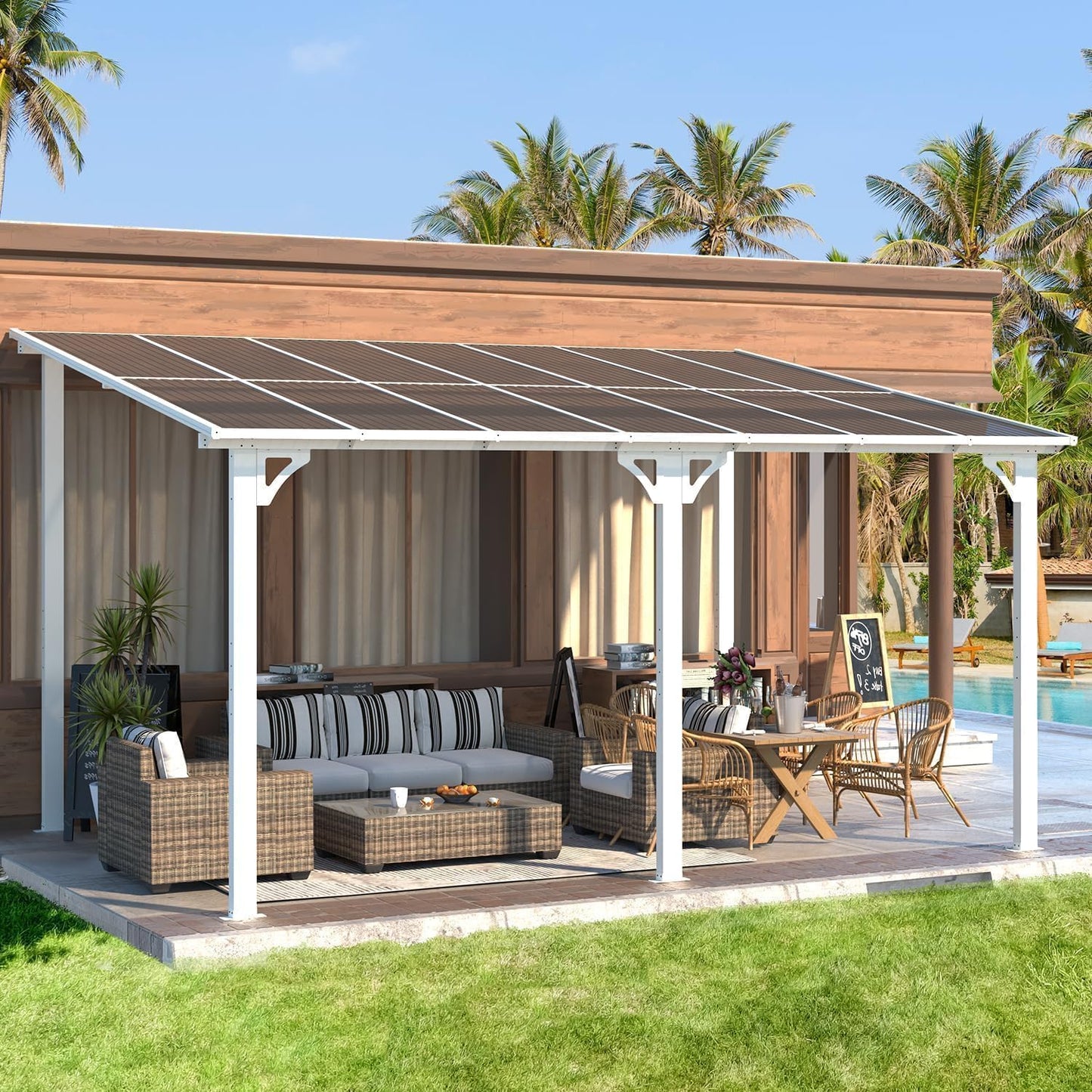 10'X20' Hardtop Wall Mounted Gazebo with Gutters & Galvanized Steel Roof, 60MPH Wind Resistance, Lean to Gazebo Pergola with Sloped Roof for Deck, Porch, Backyard and More, White