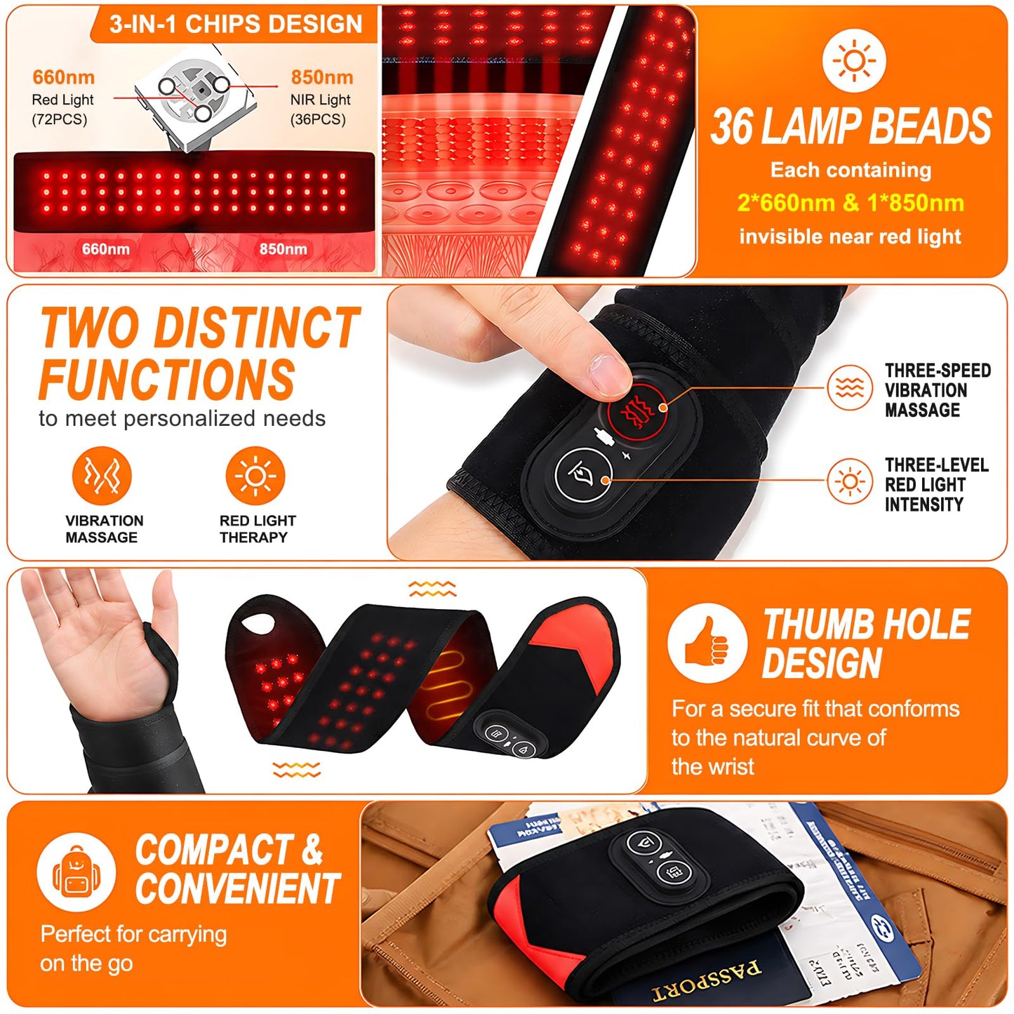 Red Light Therapy for Wrist and Hand,Cordless Heated Wrist Brace with Vibration,with Temperature Control,Red Light Therapy Heated Wrist Massager Wrap y 36 LED for Wrist, Arm,660nm & 850nm
