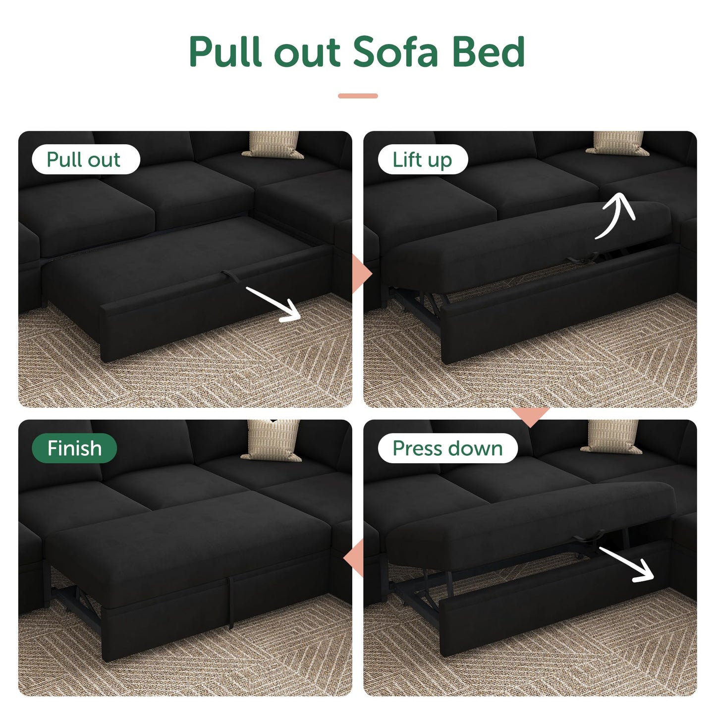 HONBAY Sectional Sleeper Couch with Pull Out Bed, U Shaped Sectional Sofa with Storage, Modular Velvet Sectional Couches for Living Room, Black