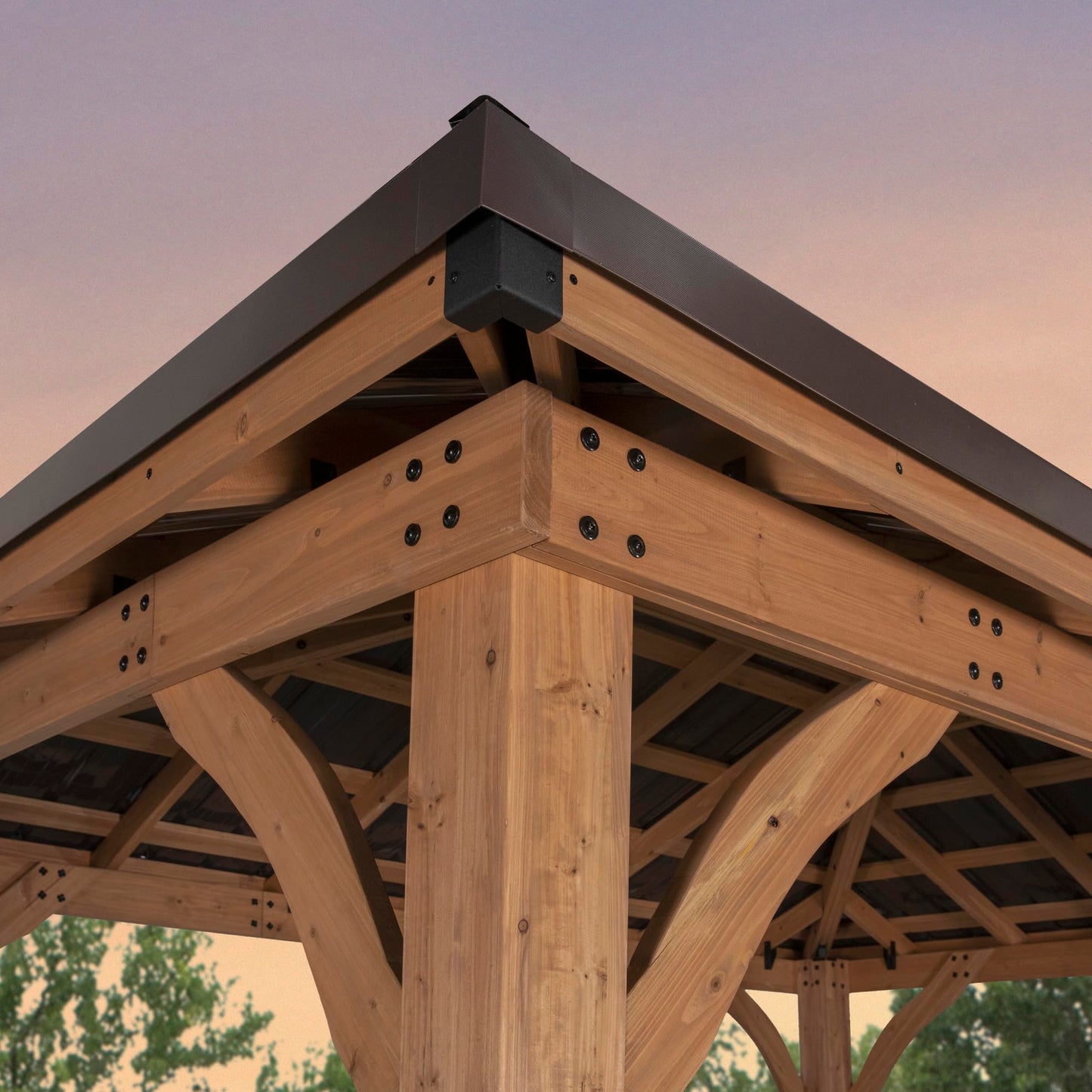 Backyard Discovery Barrington 14' x 10' Cedar Wood Outdoor Gazebo Pavilion with Hardtop Galvanized Steel Hip Roof, Snow Support, Wind Resistance, PowerPort, Shade for Garden, Patio, Deck, Entertaining