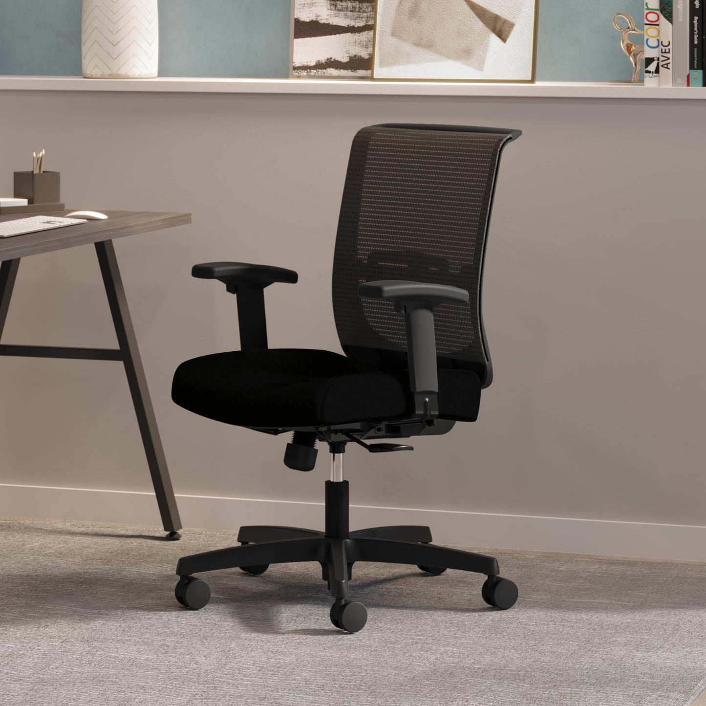 HON Convergence Ergonomic Office Chair with Mesh Back, Adjustable Arms, Lumbar Support, Synchro‑Tilt Desk Chair with Wheels for Home Office or Computer Use, Black Frame, Black