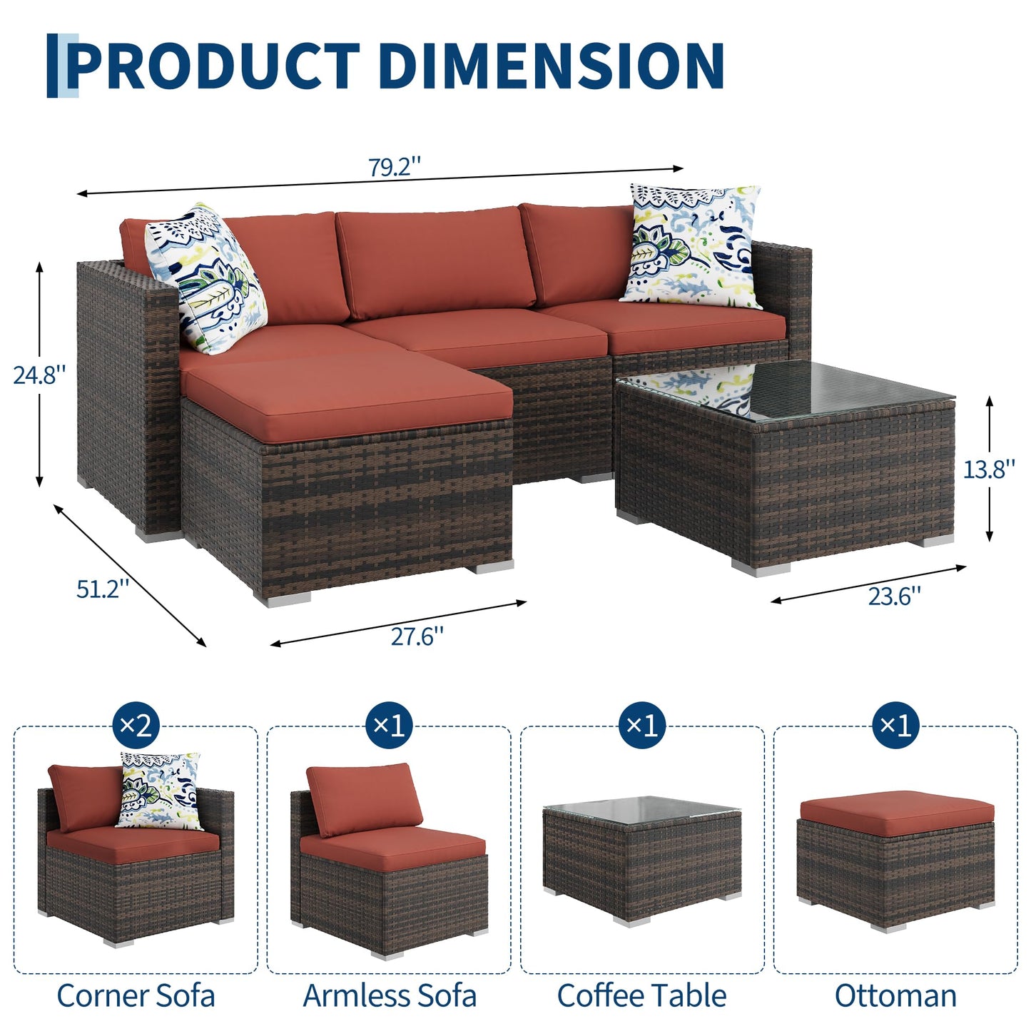 MilleLoom 5-Piece Outdoor Sectional Sofa Set, All-Weather PE Rattan Patio Furniture with Ottoman & Tempered Glass Table, Convertible Garden Couch for Backyard, Porch, Poolside (Brown/Wine Red)