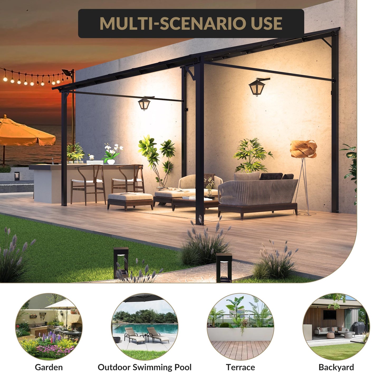 10x12ft Lean to Gazebo with Polycarbonate Hardtop Roof - Hardtop Wall Pergola, Aluminum Frame Wall Mounted Gazebo for Patio, Deck, Yard, Garden & Party Shade
