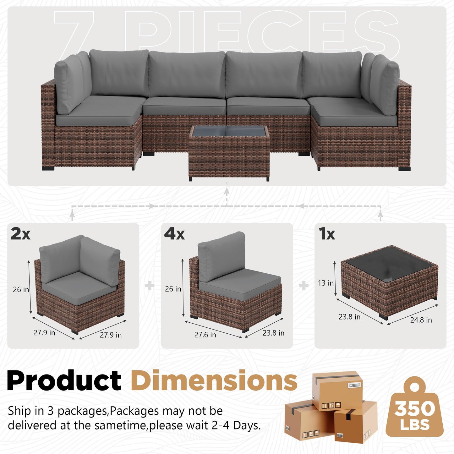 LHBcraft Patio Furniture Set with Rain Cover,7 Pieces Outdoor Wicker Rattan Patio Furniture, Wicker Rattan Outdoor Sectional Sofa Set with Coffee Table for Garden, Poolside Taupe-Grey