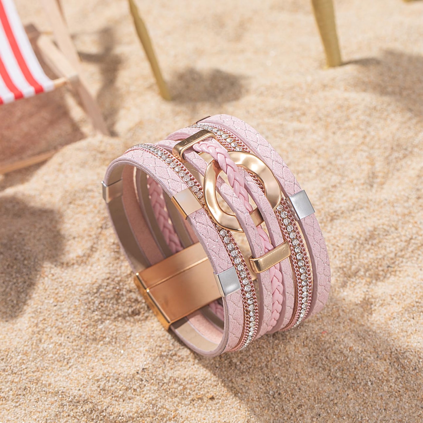 FANCY SHINY Boho Leather Wrap Bracelets Circle Square Bead Braided Handmade Stackable Bracelet Trendy Cuff Bangle for Women(Pink)