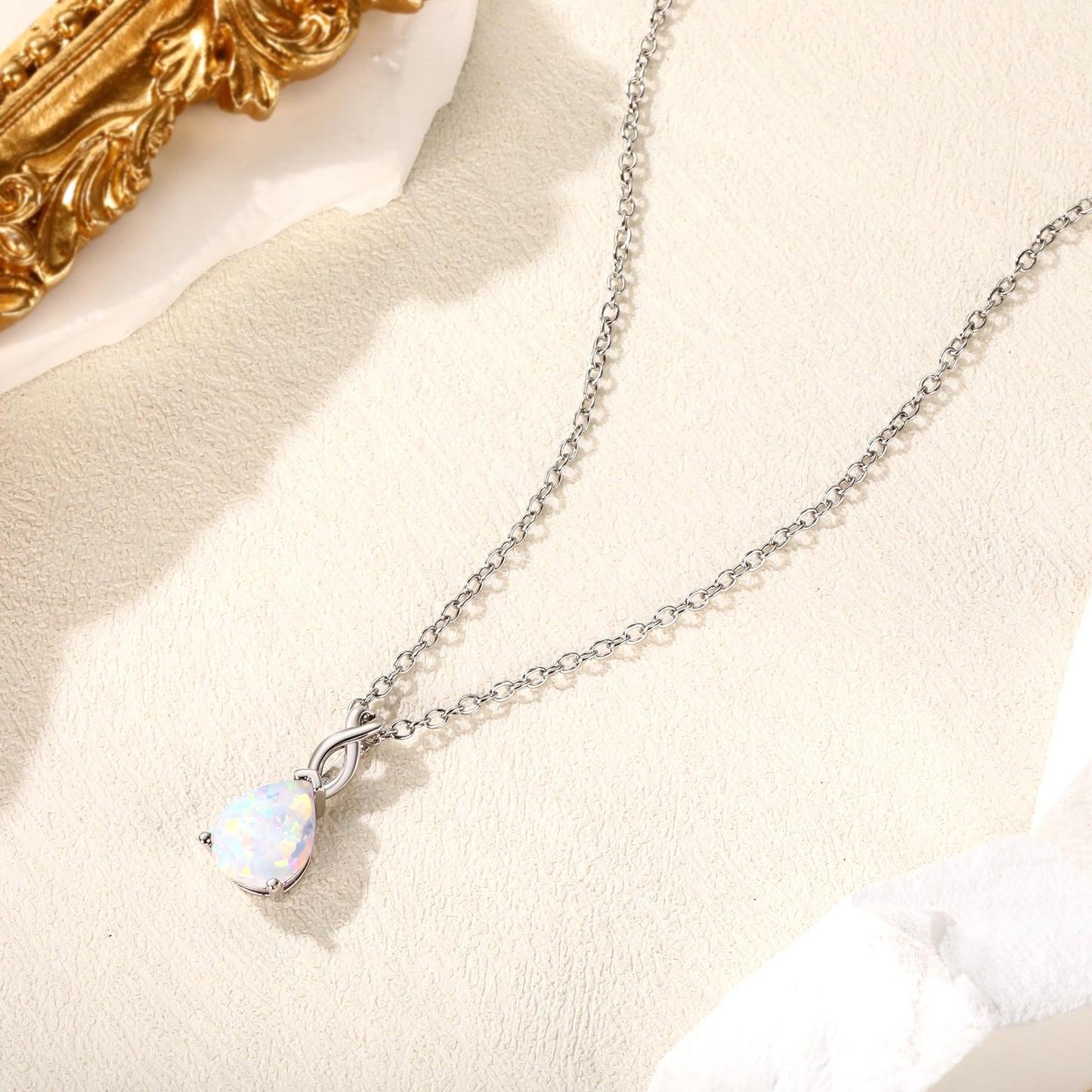 VOLUKA Created White Fire Opal Pendant Necklace for Women|8 * 10mm Teardrop October's Birthstone Gemstone Necklace|18K White Gold Plated Pear-Shaped Wedding Engagement Jewelry Gifts 19.5 inches