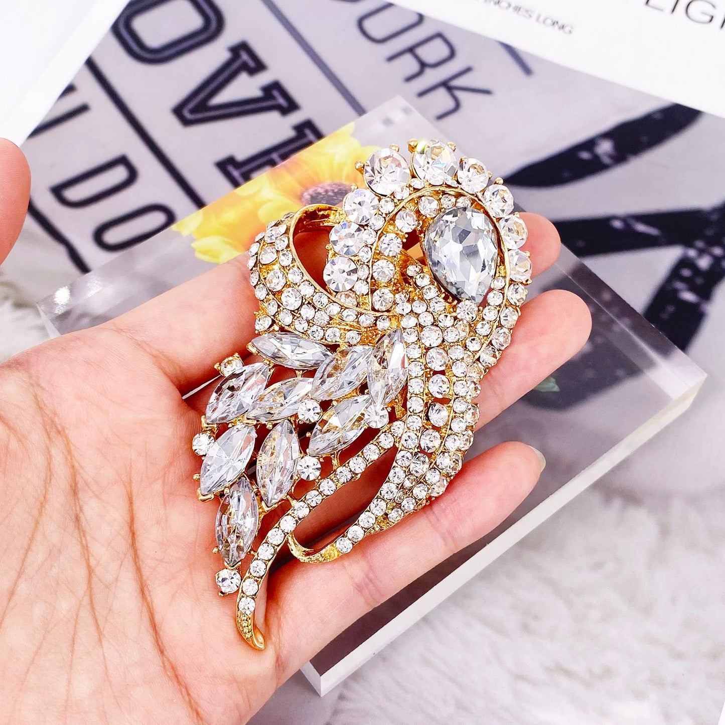 LAXPICOL Women's Vintage Clear Austrian Crystal Elegant Flower Bouquet Wing Brooch Rose-gold Tone