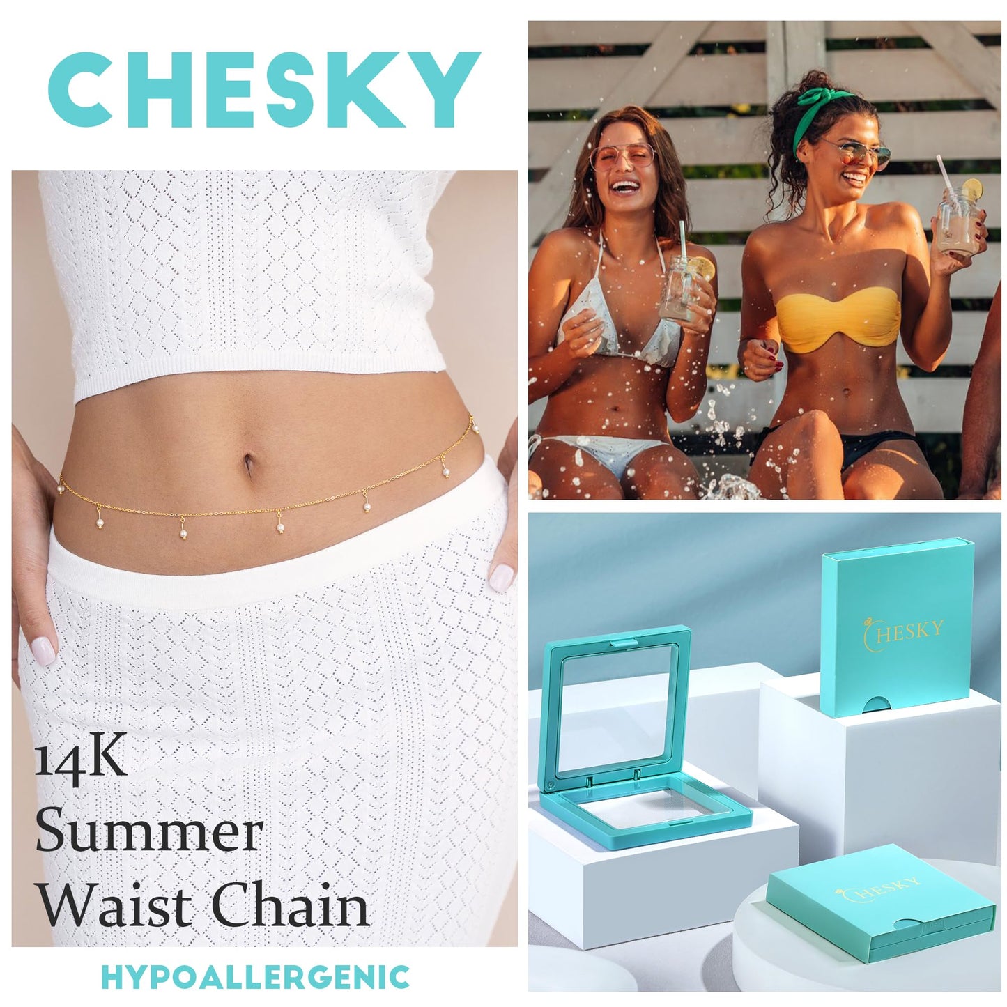 CHESKY 14K Gold Plated Waist Chain for Women, Belly Belt Chains Beach Waist Chain Waterproof Body Chain Summer Jewelry Accessories for Women
