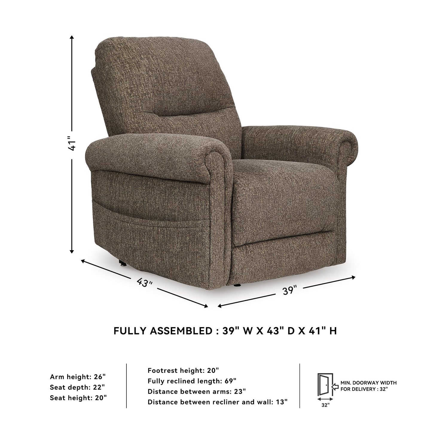 Signature Design by Ashley Aureta Classic Stain Resistant Power Lift Recliner with Side Pocket, Heat and Massage, Dark Brown