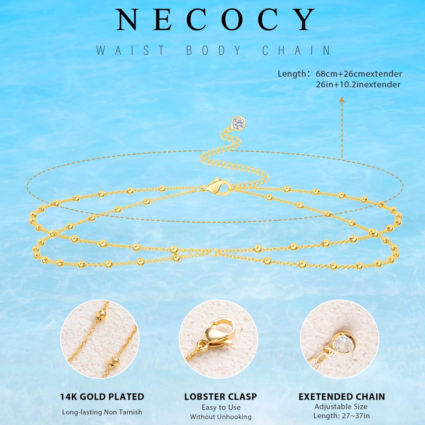 NECOCY Beaded Waist Chain for Women, Trendy 14K Gold Plated Belly Belt Beads Chain Adjustable Waterproof Sexy Layered Beach Snake Body Chain Summer Bikini Jewelry Accessories for Women