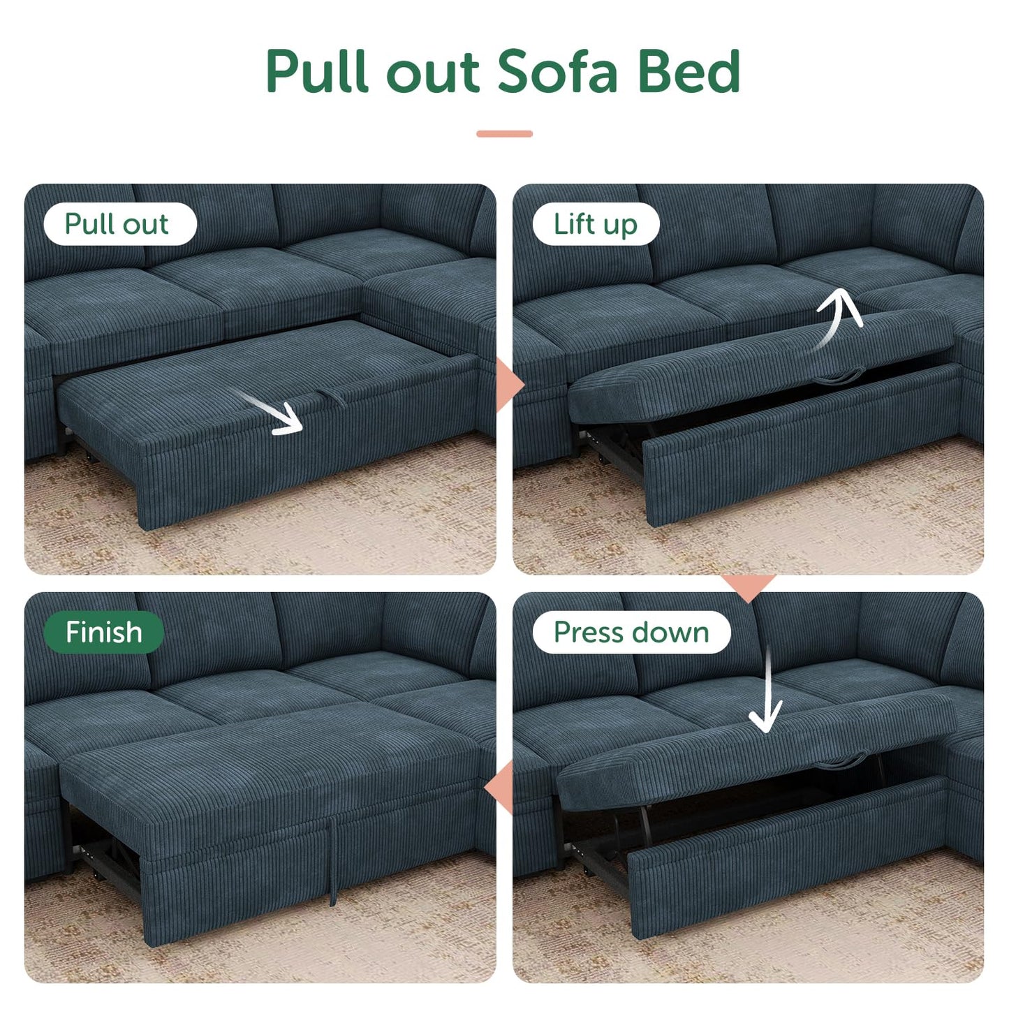 HONBAY Modular Sectional Sleeper Sofa with Pull Out Bed, Corduroy Couch with Storage, U Shaped Sectional Couches for Living Room, Blue