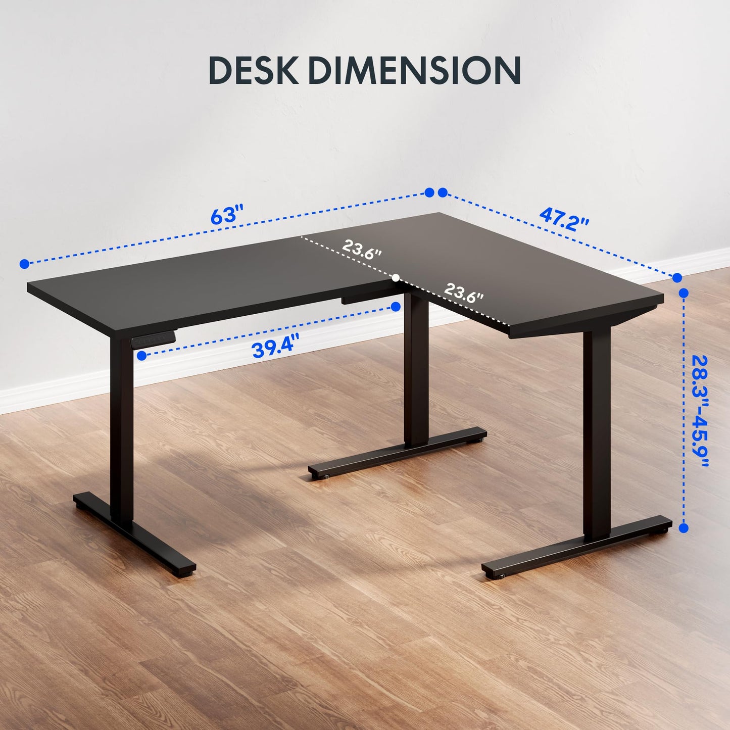 FLEXISPOT L Shaped Standing Desk, 63 x 47 Inch Electric Height Adjustable Corner Desk, Sit Stand Computer Workstation, Preset Controller, Home Office, Black Frame with Black Top