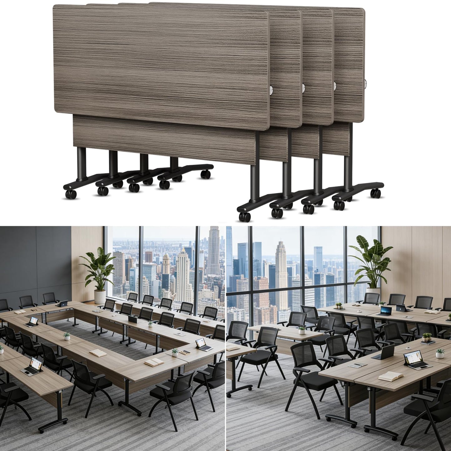 Folding Conference Room Table with Wheels, 6ft Modular Large Mobile Modern Conference Tables Office Meeting Training Table for Classroom(4, Gray, D 55")