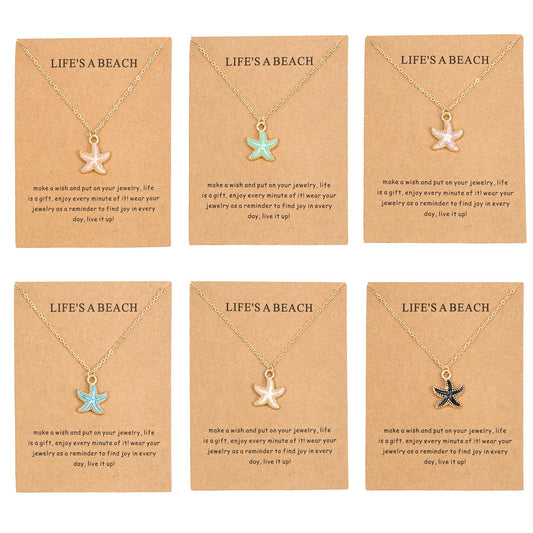 CIWEAI 6Pcs Gold Beach Starfish Necklace Set for Women Cute Beachy Hawaii Star Fish Bulk Necklaces Pack Trendy Hawaiian Friendship Matching Jewelry Accessories (Starfish-Gold-Card)