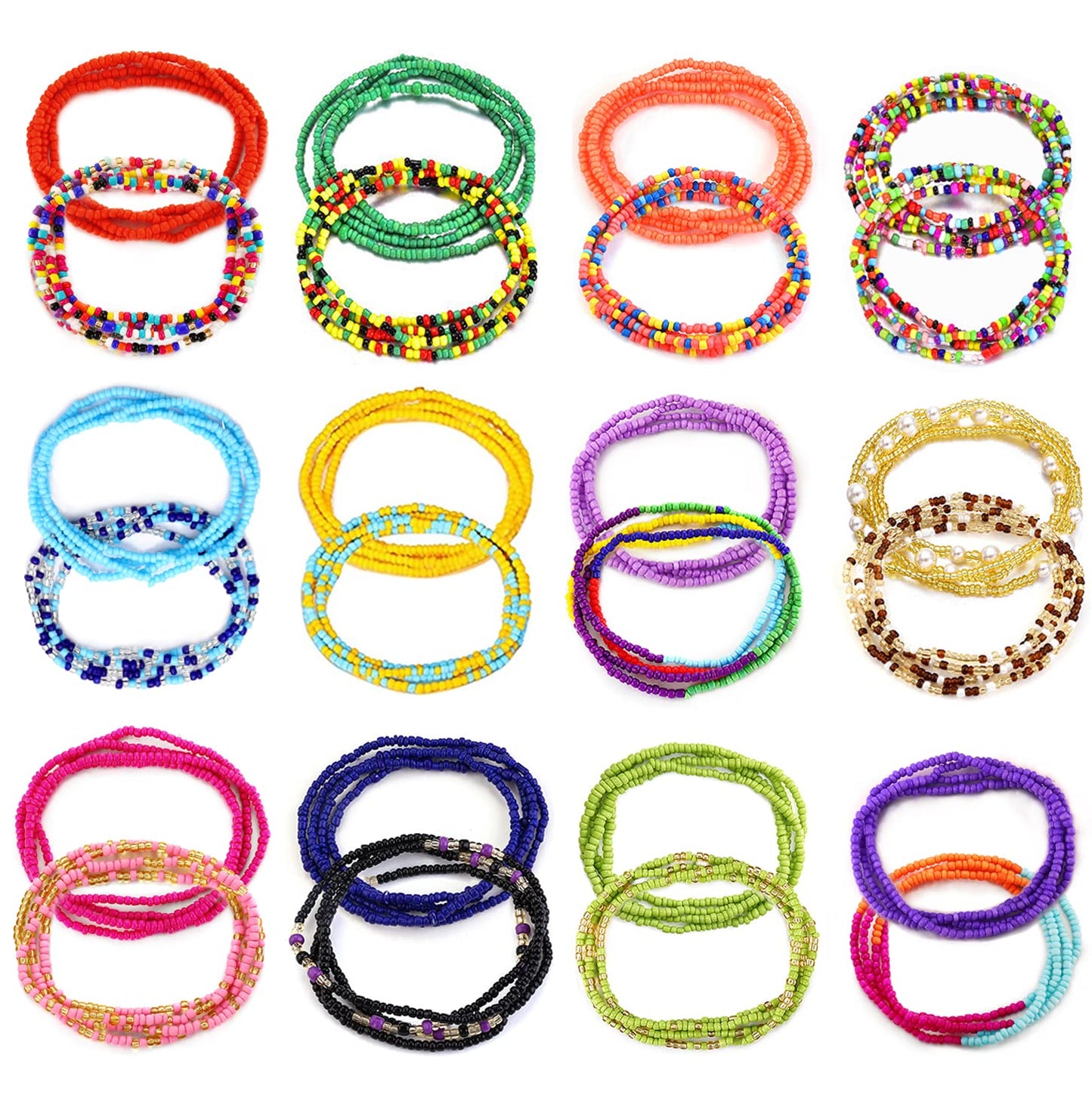 TOBENY 24PCS Waist Beads for Women African Belly Beads for the waist Colorful Summer Body Beads Jewelry Stretchy Elastic African Waist Beads 31.5-35.5 Inch Beaded Waist Chain