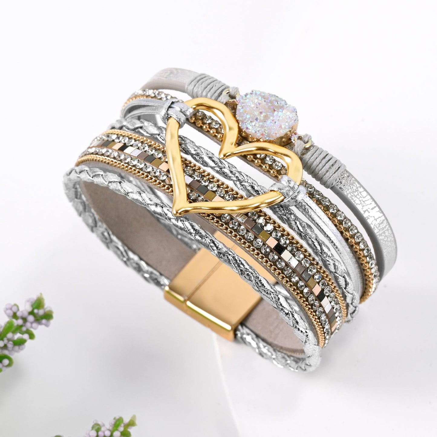 VIBILIA Boho Leather Wrap Bracelets for Women Heart Multi-Layer Bracelets with Strong Clasp Jewelry for Women-GoldSilver