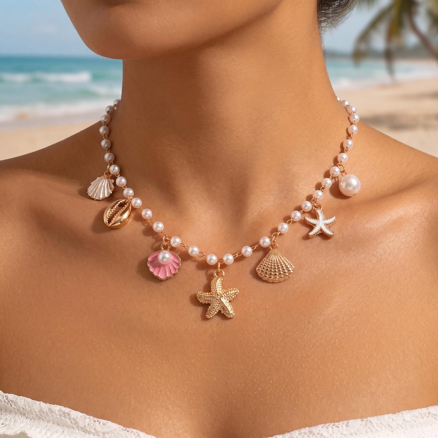 Shell Starfish Necklace for Women, 14k Gold Plated Boho Layered Beaded Charm Pendant Necklace, Dainty Adjustable Pearl Conch Summer Beach Vacation Jewelry Gifts(Pink Shell)