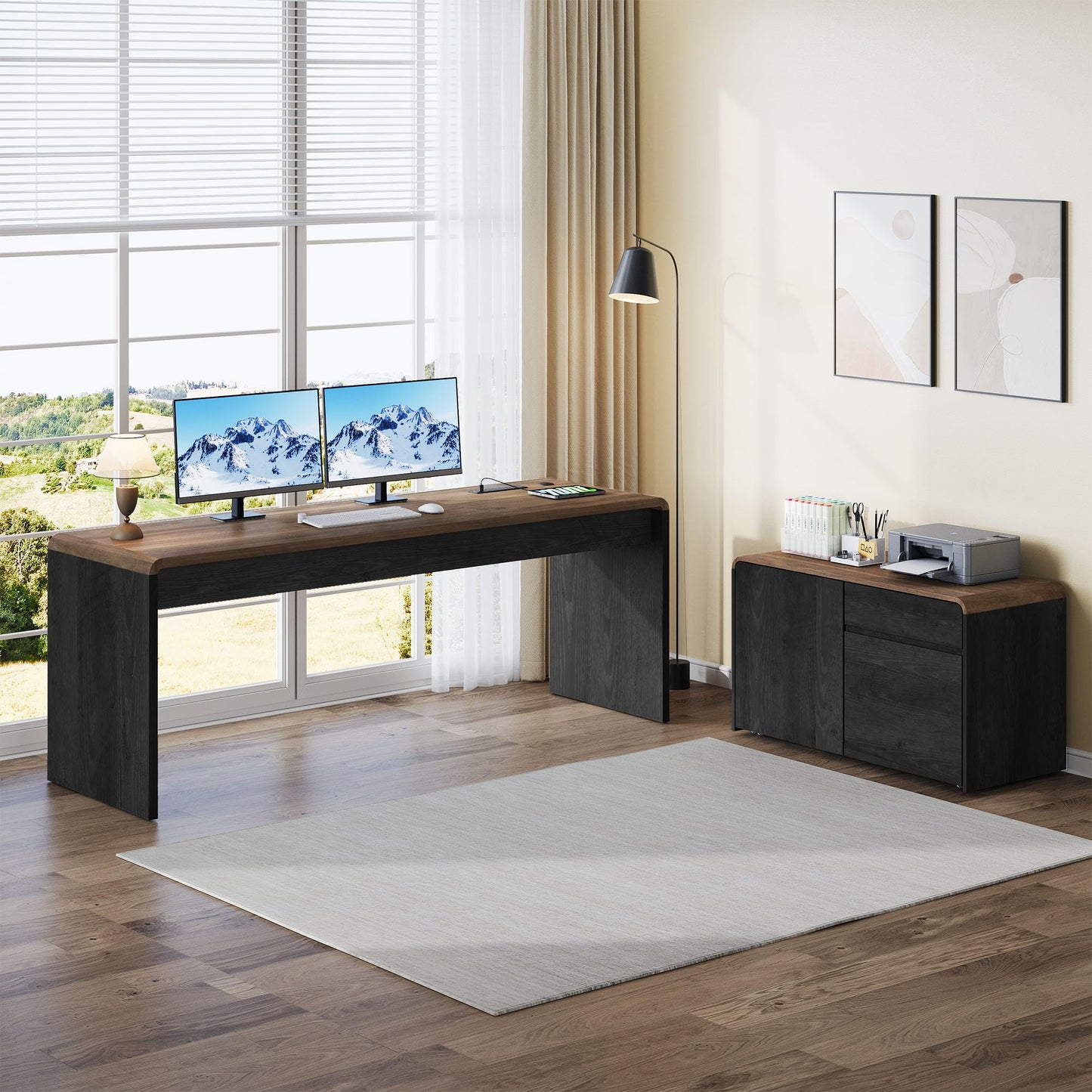 Homiflex Mid-Century Modern 78" L-Shaped Executive Desk with Independent Mobile File Cabinet, Large Home Office Desk with Drawers and 4 AC + 2 USB Power Outlets, Waterfall Edge Design, Black & Walnut