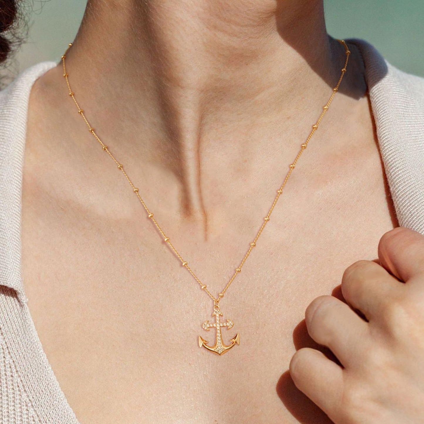MTMY Gold Starfish Necklace 14K Gold Plated Shell Conch Ocean Pendant Necklace for Women Beach Summer Jewelry(CZ Anchor)