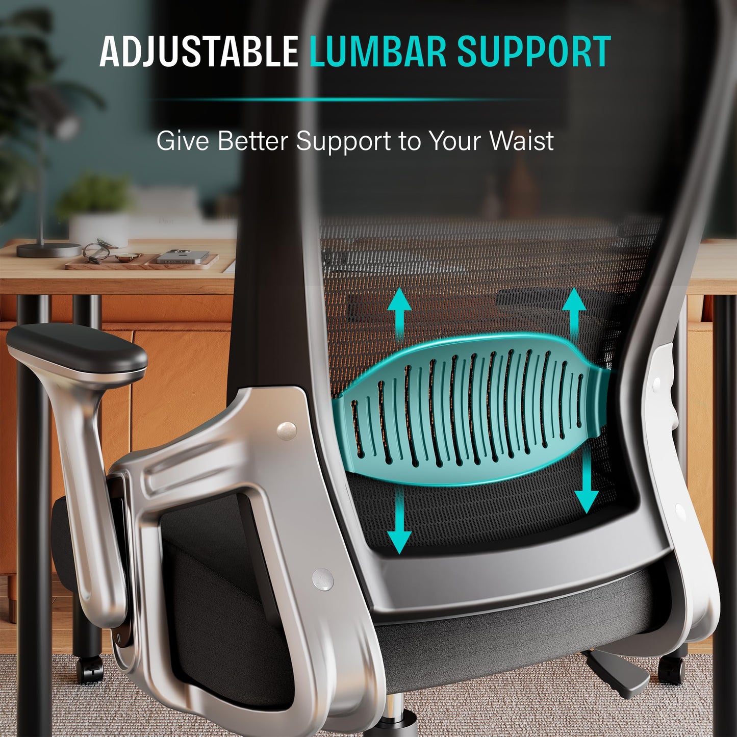 SUNNOW Office Chair, Ergonomic Computer Desk Chair, Sturdy Executive Task Chair - Adjustable Lumbar Support, Flip-up Arms, Tilt Function, Comfy Wide Seat, Swivel Mesh Home Office Desk Chairs (Black)