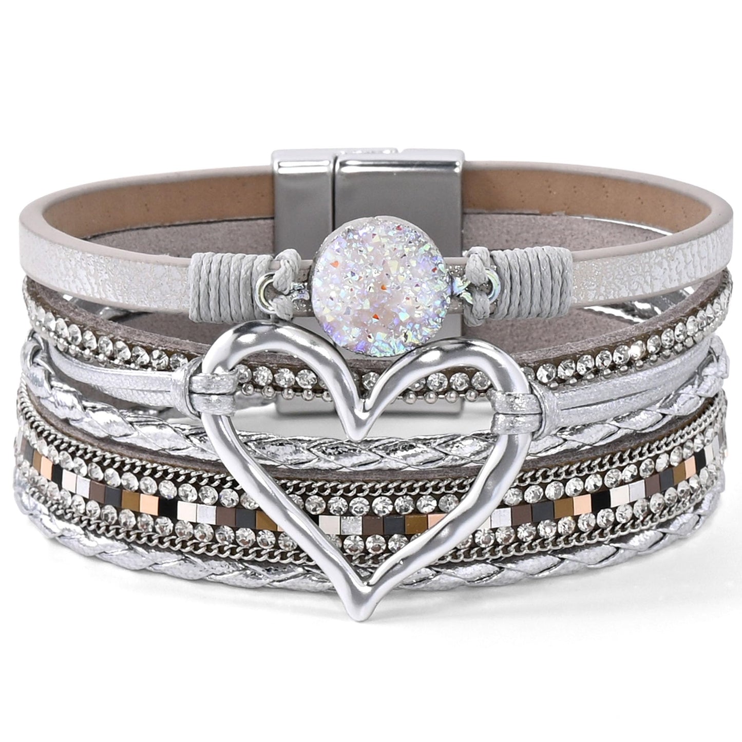 VIBILIA Boho Leather Wrap Bracelets for Women Heart Multi-Layer Bracelets with Strong Clasp Jewelry for Women-Silver