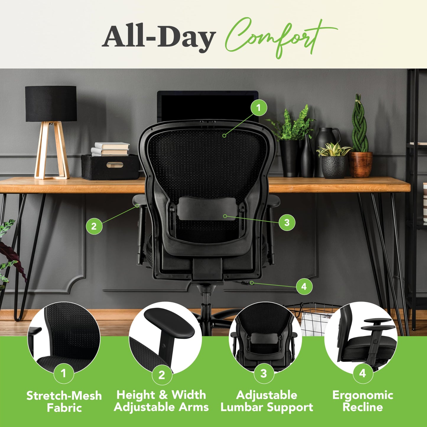 HON Wave Big and Tall Ergonomic Mesh Office Chair with Adjustable Arms and Lumbar Support, Heavy‑Duty Tilt Recline and Swivel Wheels, Desk and Computer Chair for Home Office, 450 lb. Capacity, Black