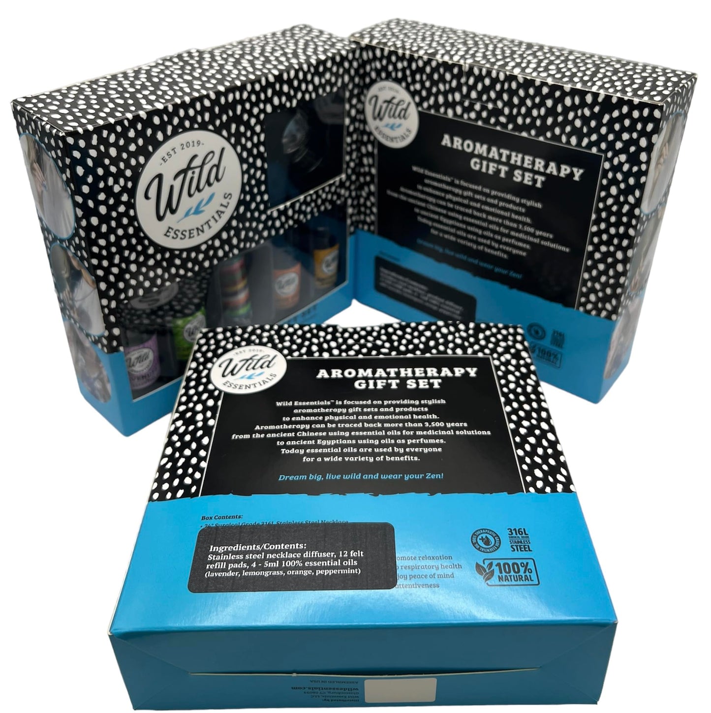 Wild Essentials Sun Mandala Necklace Essential Oil Diffuser Kit with Lavender, Lemongrass, Peppermint, Orange Oils, 12 Refill Pads, Calming Aromatherapy Gift Set, Customizable Color Changing, Perfume