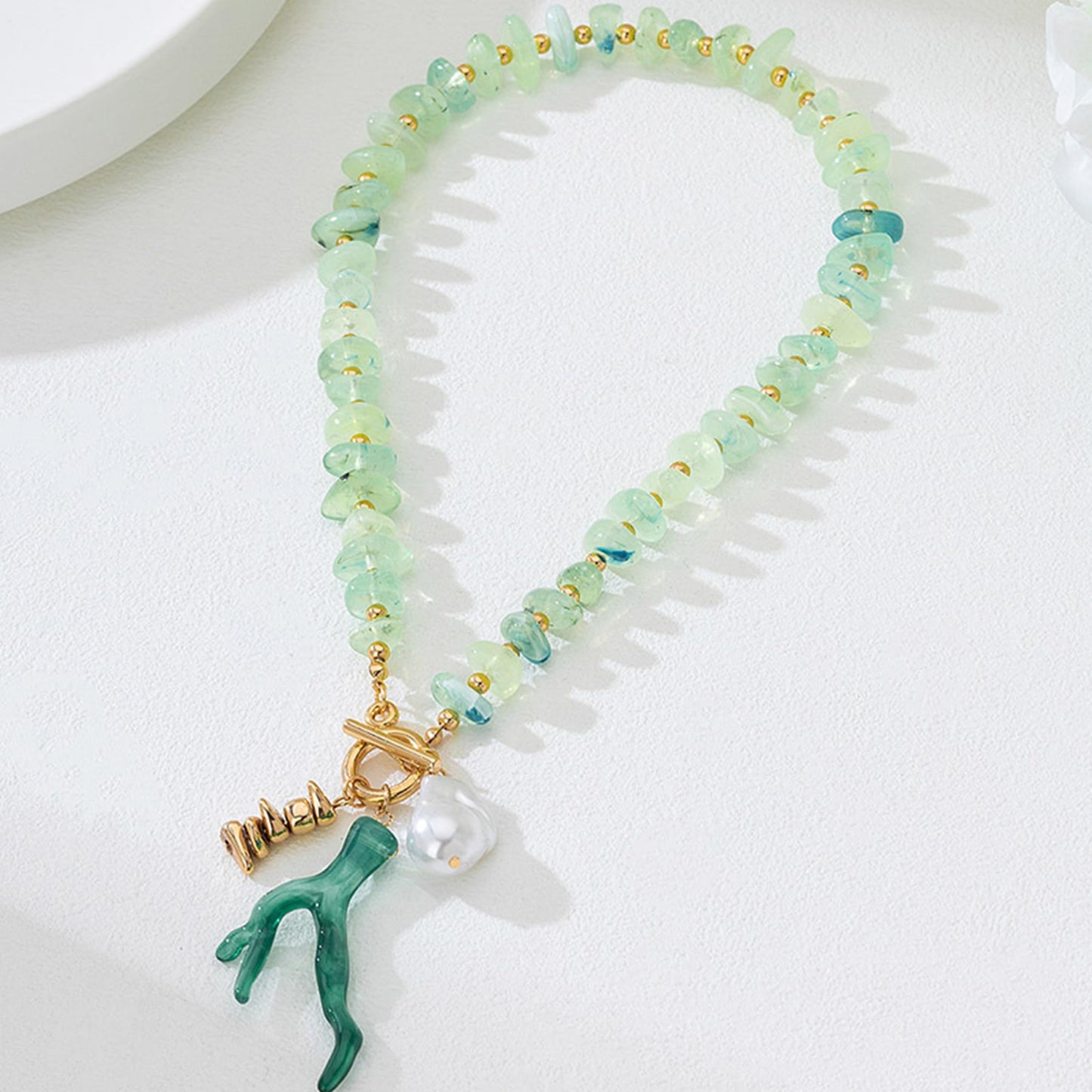 Ocean Coral Pendant Necklace for Women Green Acrylic Beaded Choker Gold OT Clasp Baroque Pearl Charm Necklace Boho Summer Beach Vacation Nautical Coastal Jewelry (Green)