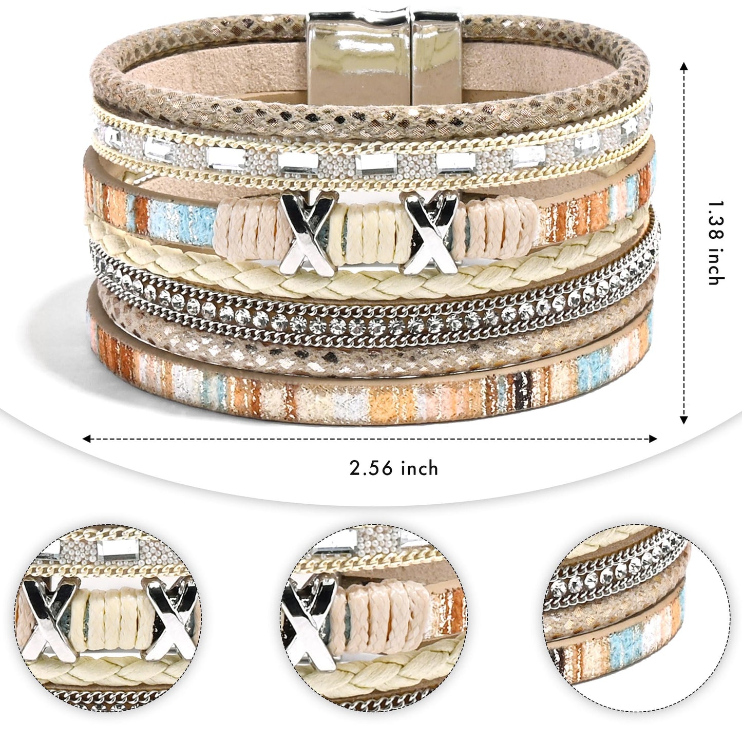 VIBILIA Boho Leather Wrap Bracelets for Women Trendy Layered Multi-Layer Boho Bracelets with Strong Clasp Jewelry for Women-Khaki