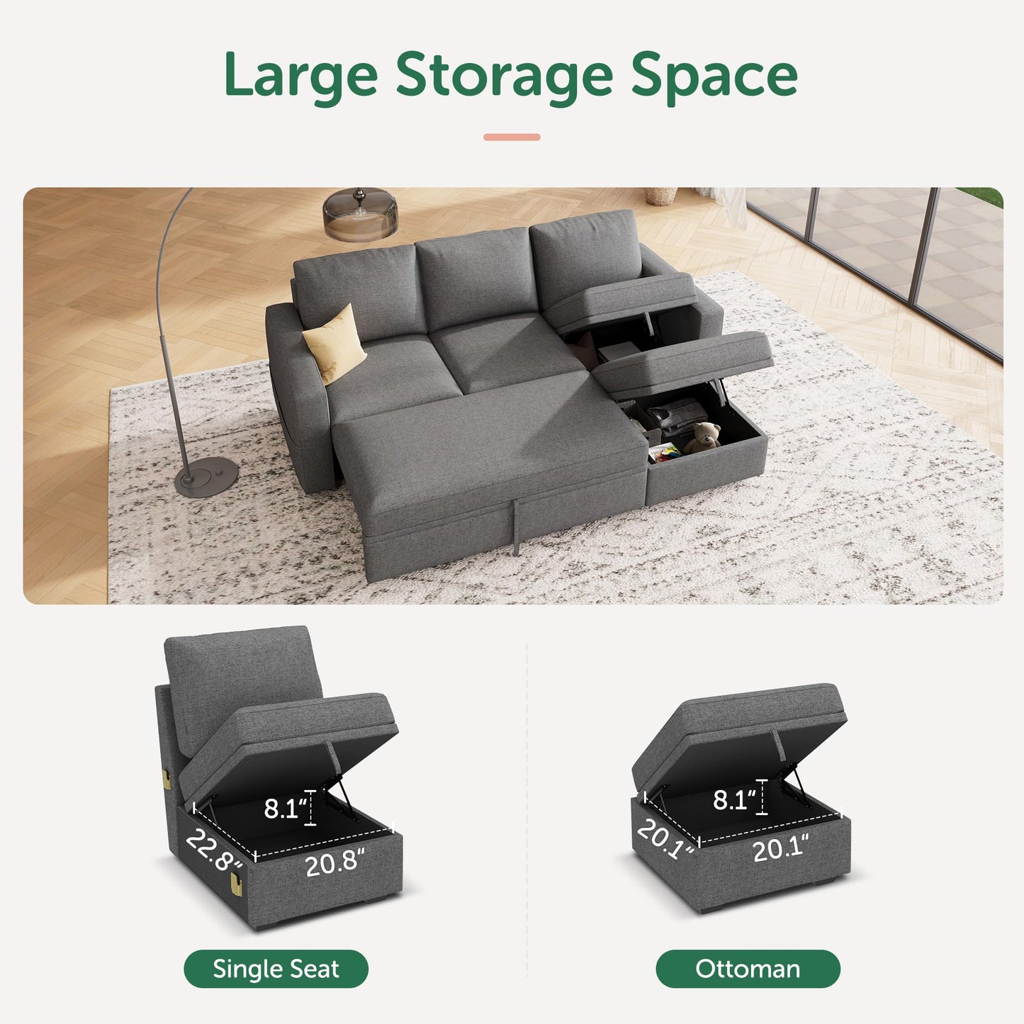 HONBAY Modular Sectional Sleeper Sofa with Pull Out Bed, L Shaped Couch with Storage Seat, Modular Sectional Couches for Living Room - Dark Grey