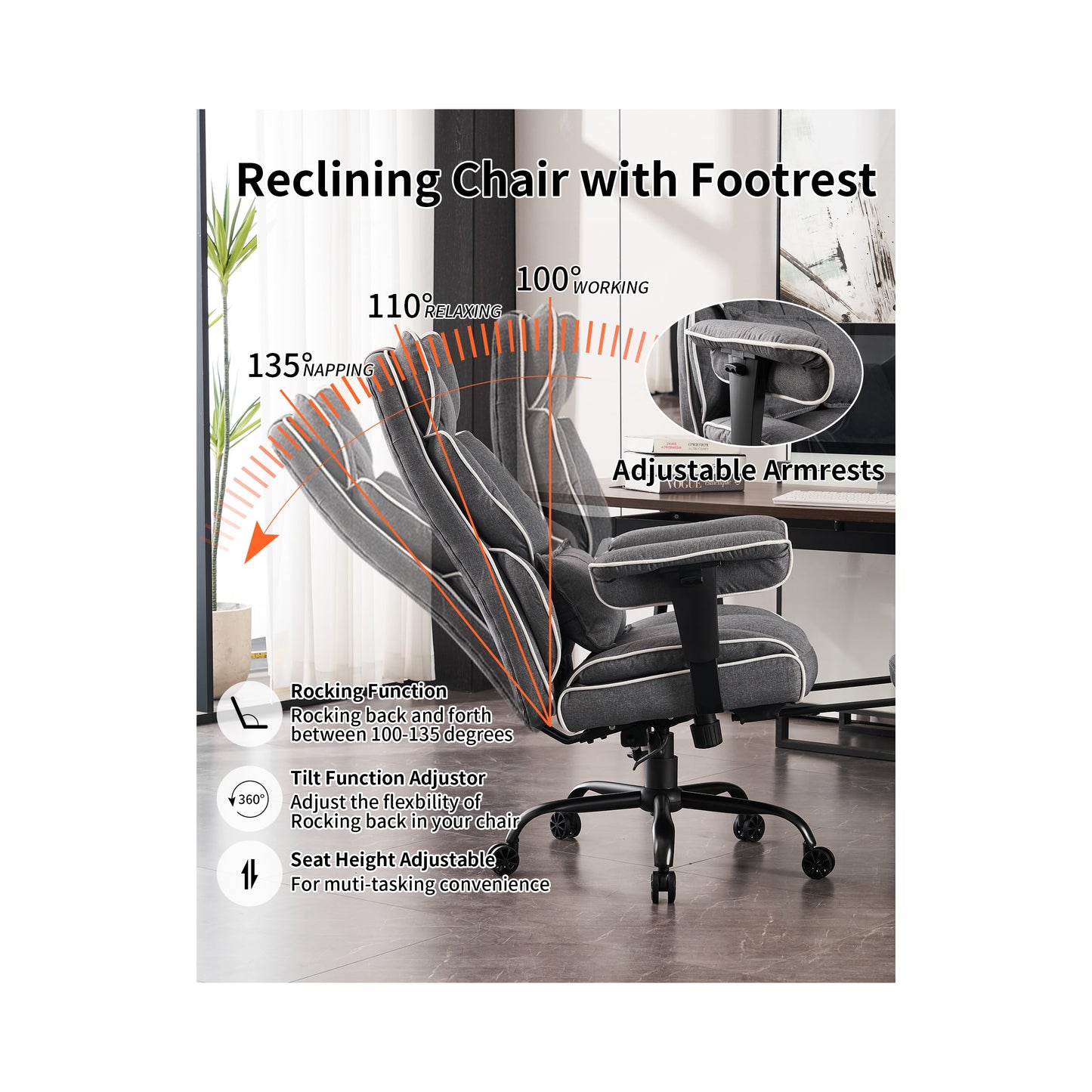 Efomao Fabric Office Chair, Big and Tall Office Chair 400 lb Weight Capacity, High Back Executive Office Chair with Foot Rest, Ergonomic Office Chair for Back Pain Relief, Gray