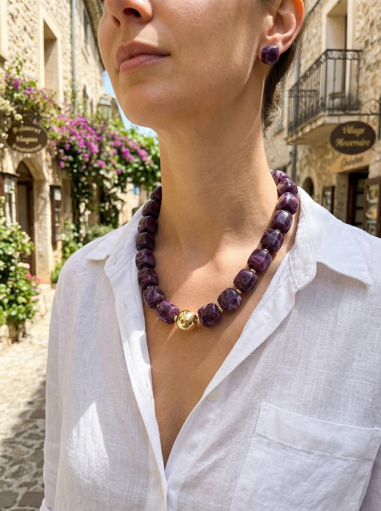 BREPINE Purple Chunky Necklaces for Women Multicolored Large Square Resin Beads Necklace Trendy Bold Statement Beaded Summer Candy jelly Vacation Choker