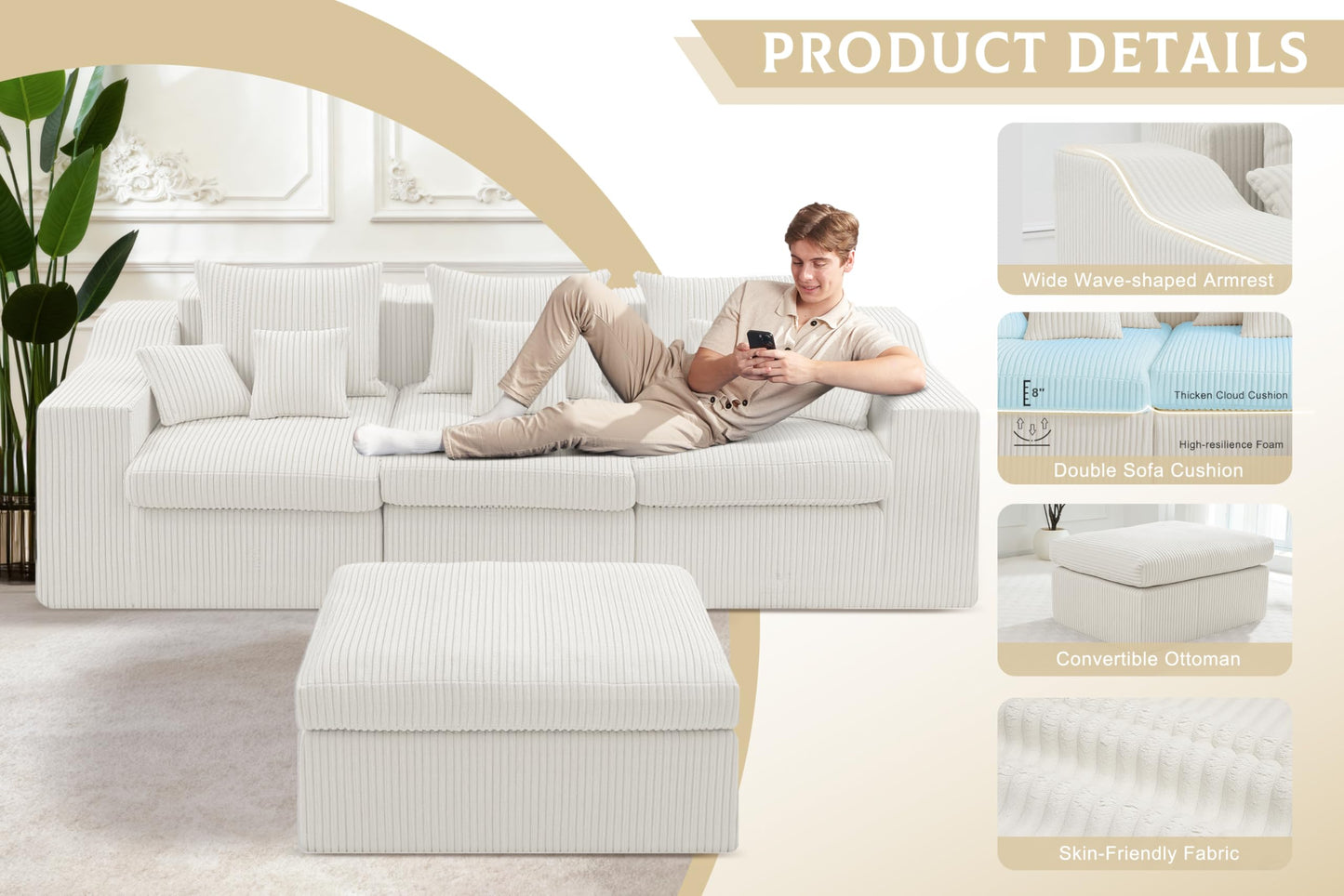 101" Modular Couch Sectionals with Ottoman, Big Comfy Cloud Couches, L Shaped 4 Seat Modular Sectional Sofa, Sectional Double Cushion Couches with Deep Seat for Living Room,No Assembly Required(Beige)