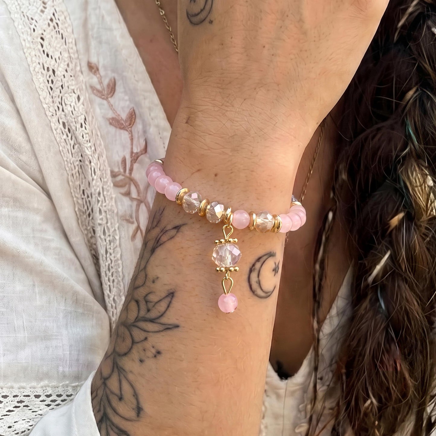 Tungary 4Pcs Beaded Bracelets for Women Bohemian Bracelet Stacks Handmade Natural Stone Stretch Bracelets Multi-Color Daily Wear Accessories Summer Beach Boho Jewelry Gift Pink Style