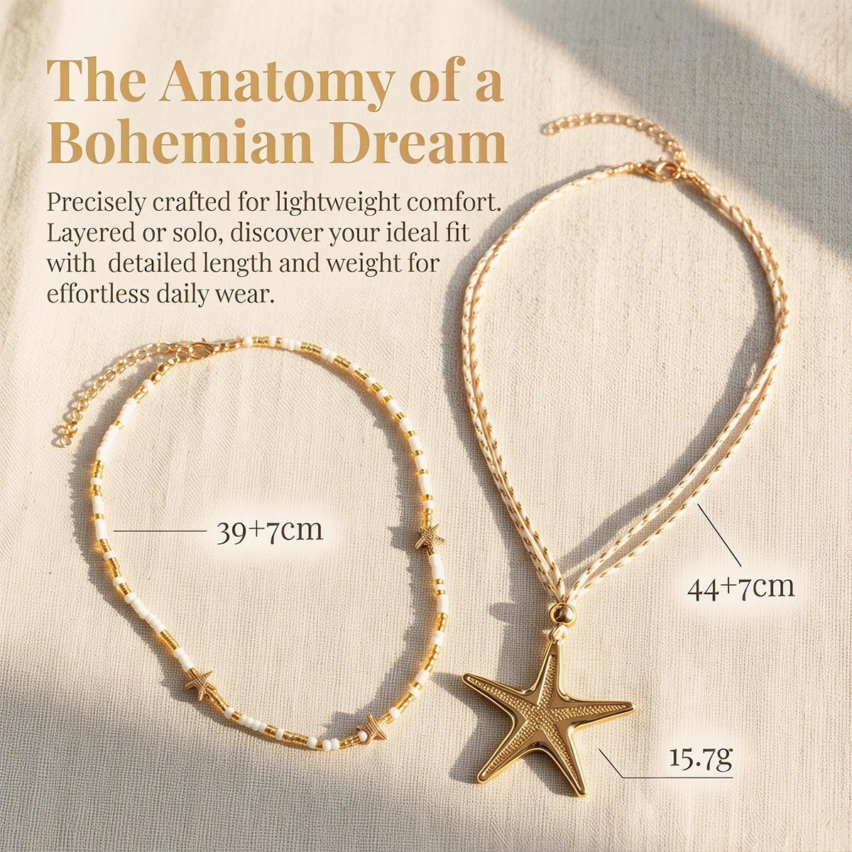 Systechy Boho Layered Starfish Necklace for Women Large Starfish Beaded Necklace Exaggerated Sea Star Adjustable Pendant Necklaces Fashion Summer Beach Holiday Party Jewelry Present (White)